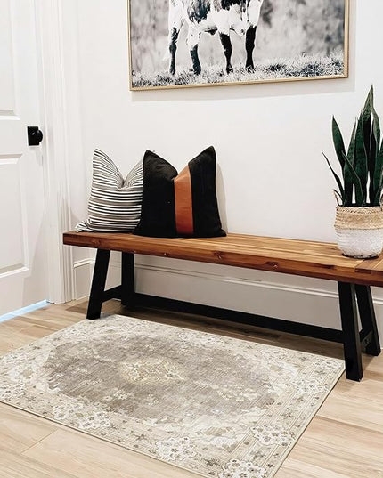 MUJOO Beige Rug 2'x3',Small Washable Area Rugs for Entryway Kitchen Bathroom Bedroom,Boho Vintage Bohemian Distressed Farmhouse Non Slip Carpet, Floral