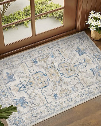jinchan 2x3 Washable Rug for Entryway - Vintage Floral Ultra-Thin Low Pile Soft Small Non-Slip Distressed Indoor Doormat Accent Rug for Entrance Kitchen Bathroom Bedroom (2x3ft, Blue)