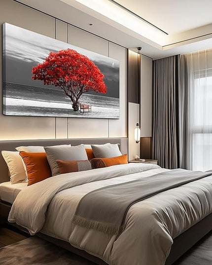 wall art for living room Decorations Photo Prints - panoramic black and white with red trees The moon Landscape - Modern Home Decor The room Stretched and Framed Ready to Hang artwork 30x60inches