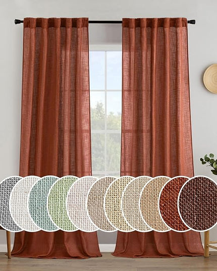 MIULEE Burnt Orange Linen Curtains 90 Inch Length 2 Panels for Bedroom Living Room, Soft Thick Linen Textured Window Drapes Semi Sheer Light Filtering Back Tab Rod Pocket Fall Decor, W37xL90