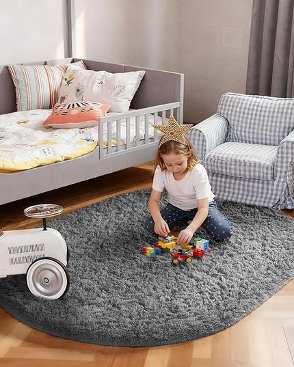 Ophanie 3x5 Oval Rug, Bedside Preppy Dorm Area Rug, College Essentials Non Slip Grey Small Carpets for Bedroom, Anti Slip Fluffy Gray Living Room Rugs Home Decor Aesthetic, Nursery