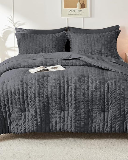 HYMOKEGE 7 Piece King Size Comforter Set Seersucker, All Season Luxury Bed in a Bag for Bedroom, Bedding Set with Comforters, Sheets, Pillowcases & Shams, Dark Grey