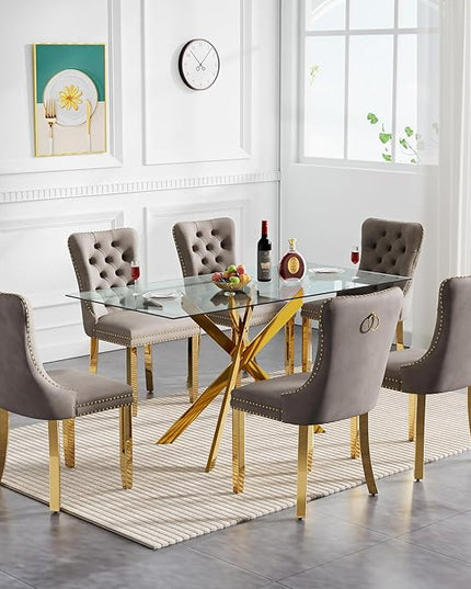 60" Glass Dining Table Set for 6, Modern Dining Room Table Set for 6, Gold X-Shape Pedestal Glass Table with 6pcs Gray Dining Chairs, 7 Piece Dining Set for Dining Living Room