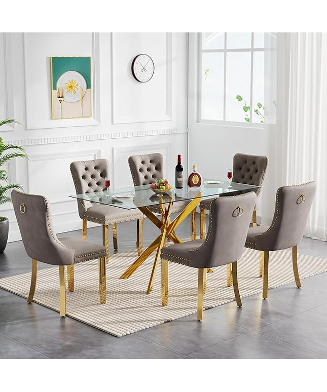 60" Glass Dining Table Set for 6, Modern Dining Room Table Set for 6, Gold X-Shape Pedestal Glass Table with 6pcs Gray Dining Chairs, 7 Piece Dining Set for Dining Living Room