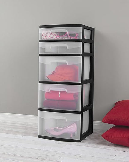 5-Tier Storage Drawer,with Both Shallow and Deep Clear Plastic Storage Organizer Drawer Tower，Suitable for Bedroom,Bathroom and Office Organization Black