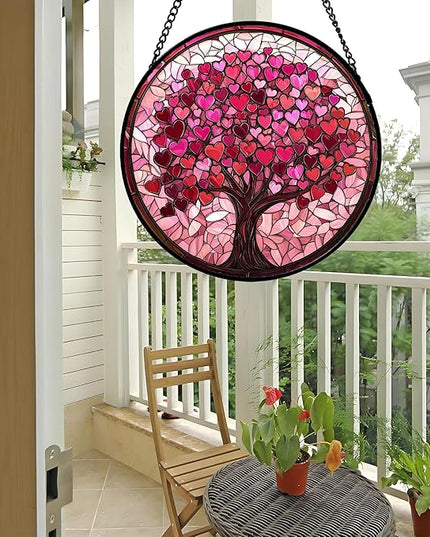 Stained Glass Window Hanging - DASTOLL, Birthday Gifts for Women Men Mom Dad, Pink Love Tree Suncatcher for Doors Window Home Sun Catchers Decor 7.8 in