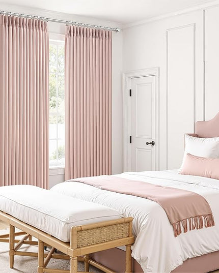 Blush Pink Double Layer Linen Pinch Pleated Curtains 90 Inches Long for Kids Room 2 Panels Set, Beautiful Memory Shape Blackout Insulated Noise Reducing Textured Viral Windows Drapes 40 x 90 Length