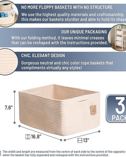 NaturalCozy Storage Baskets 16.8”x13”x7.6” Cotton Rope Woven Baskets for Organizing 3-Pack | Toy Storage Bins | Basket for Shelves, Laundry, Blanket, Clothes, Closet, Kitchen, Bathroom, Gifts