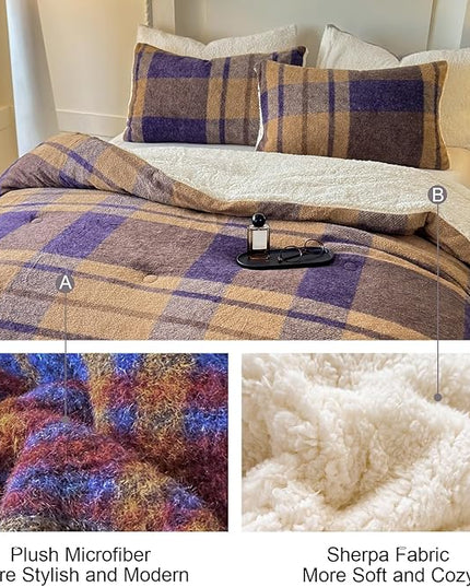 Cyusri Plaid Sherpa Comforter Set 3Pcs Fluffy Warm Fleece Down Alternative, Khaki Blue Grid Pattern Bedding Set with 2 Pillowcases, King Size 104"x90"