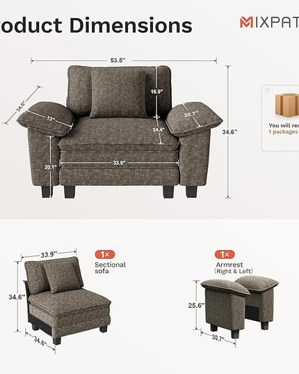 53.5" Cloud Modular Sectional Single Sofa, Deep Seat Armchair with Plush Chenille & Removable Arms for Living Room, Smoky Gray