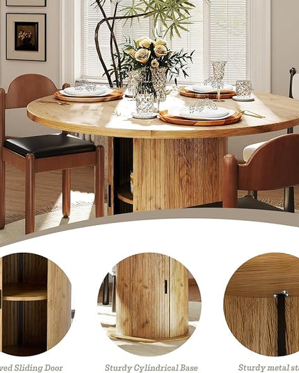 Round Table with Storage,47" Storage Kitchen Table for 4-6 People with Curved Sliding Door Fluted Wood Coffee Table Thickened Tabletop for Dining Room/Kitchen/Living Room,Oak Color