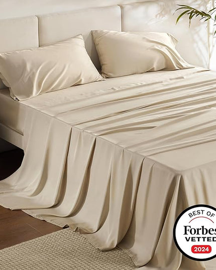 Bedsure King Size Sheet Set, Cooling Sheets King, Rayon Derived from Bamboo, Deep Pocket Up to 16", Breathable & Soft Bed Sheets, Hotel Luxury Silky Bedding Sheets & Pillowcases, Beige