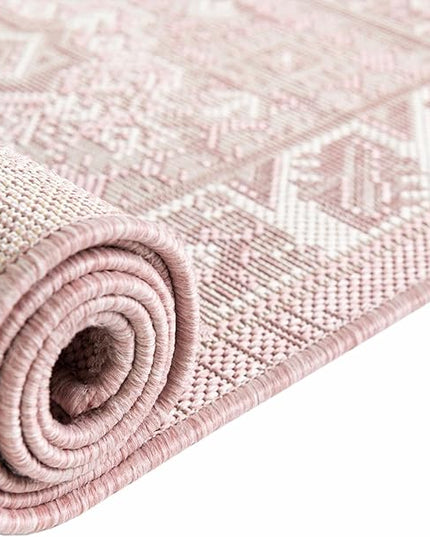 Rugs.com Outdoor Aztec Collection Rug – 13 Ft Round Pink Flatweave-Pile Rug Perfect for Kitchens, Dining Rooms