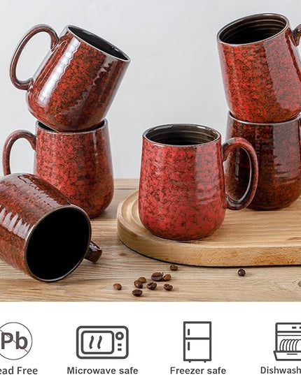 HASENSE Coffee Mugs Set of 6, 15 Ounce Ceramic Coffee Cups Set with Handle, Large Tea Mug for Kitchen, Red Cup for Tea,Cocoa, Milk, Christmas Gift for Women and Men, Dishwasher and Microwave Safe