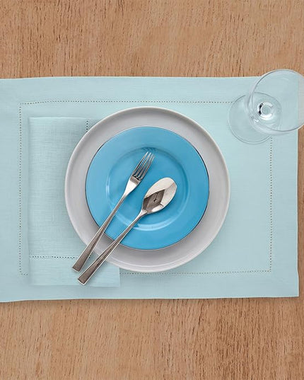 Solino Home Aqua Blue Linen Napkins Set of 4-100% Pure Linen Hemstitch Dinner Napkins 20 x 20 Inch - Classic Hemstitch
