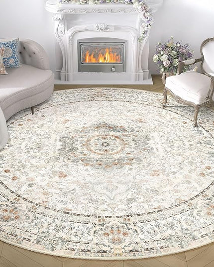 Round Rug 9ft,Large Boho Circle Area Rugs for Bedroom Living Room,Beige Washable Vintage Bohemian Distressed Oriental Floral Carpet Non Slip