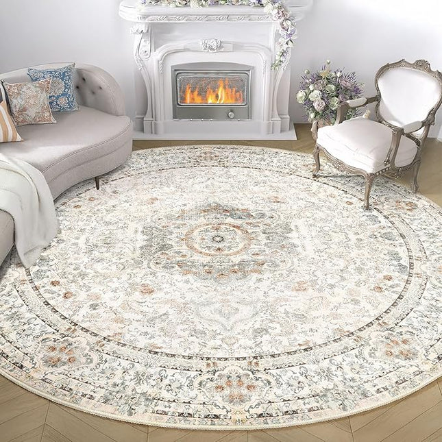 Round Rug 9ft,Large Boho Circle Area Rugs for Bedroom Living Room,Beige Washable Vintage Bohemian Distressed Oriental Floral Carpet Non Slip