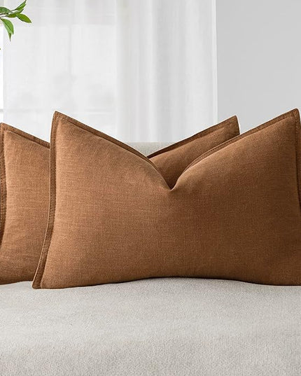 Foindtower Pack of 2, Decorative Linen Soild Throw Pillow Covers Neutral Farmhouse Pillowcase Soft Accent Lumbar Cushion Case for Couch Sofa Bedroom Living Room Home Decor Orange Brown 12 x 20 Inch