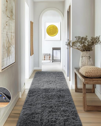 Ophanie Runner Rug for Hallway, 2x6 Upgrade Non-Slip Fluffy Soft Bedside Rugs, Bedroom Living Room Grey Shaggy Gray Carpet for Kids Girls Boys Dorm Nursery Home Decor Aesthetic