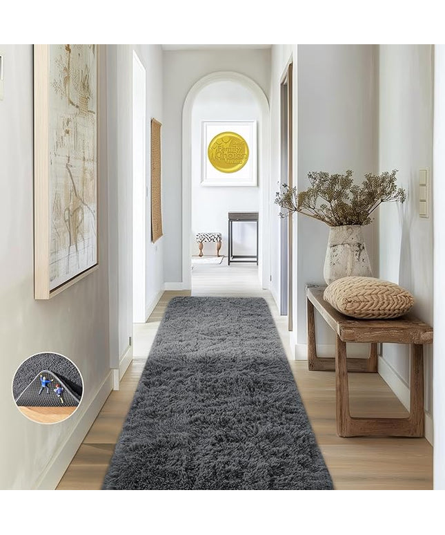 Ophanie Runner Rug for Hallway, 2x6 Upgrade Non-Slip Fluffy Soft Bedside Rugs, Bedroom Living Room Grey Shaggy Gray Carpet for Kids Girls Boys Dorm Nursery Home Decor Aesthetic