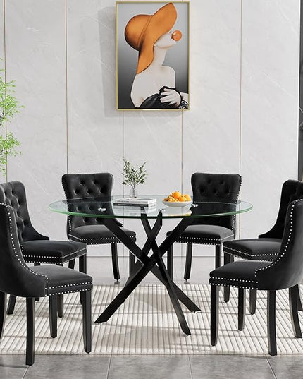 HomVent 7 Piece Round Glass Dining Table Set, Tempered Glass Dinner Table Set for 6 Kitchen Table Set with 6 Velvet Upholstered Chairs for Kitchen Dining Room