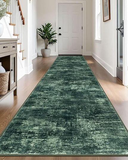 IOHOUZE Abstract Runner Rug 3x14 Ft Washable Runners for Hallways, Non Slip Kitchen Runner Printed Faux Wool Entryway Runner Indoor, Modern Abstract Floor Carpet for Hall Stair, Dark Green