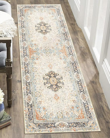 Washable Runner Rug 2x6,Vintage Rug Runners Non Slip,Long Boho Rugs for Hallways Kitchen Bedroom Entryway Living Room Bathroom,Bohemian Distressed Floor Carpet,Retro Blue Grey Floral