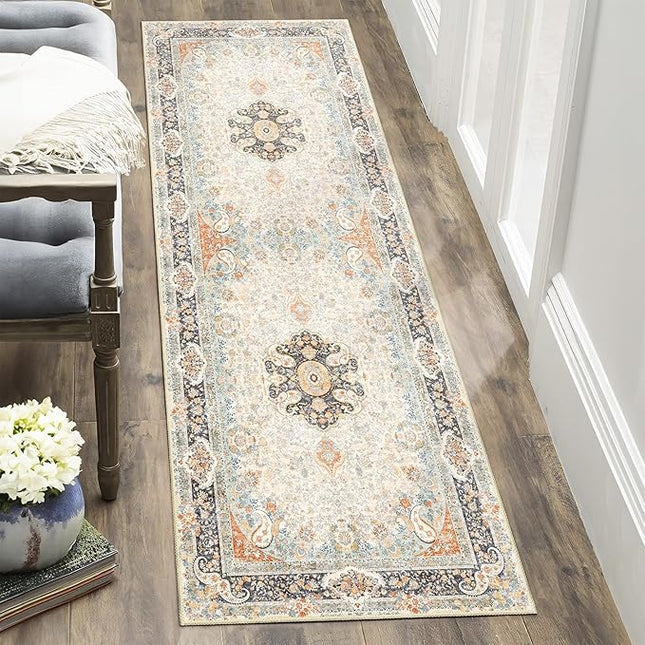 Washable Runner Rug 2x6,Vintage Rug Runners Non Slip,Long Boho Rugs for Hallways Kitchen Bedroom Entryway Living Room Bathroom,Bohemian Distressed Floor Carpet,Retro Blue Grey Floral