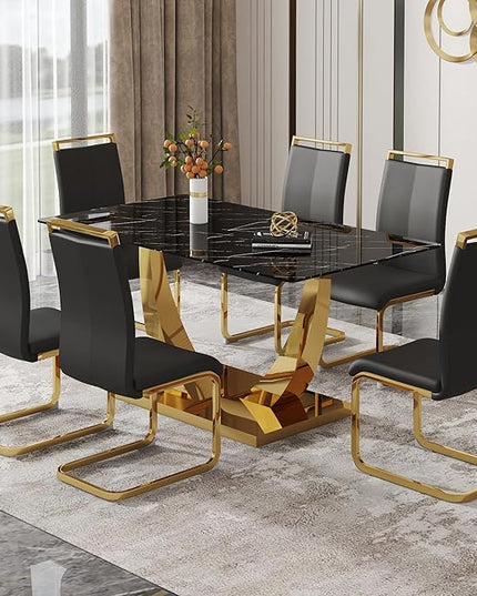 63” Faux Marble Dining Table Set for 6,Black Dining Room Table Set for 6, Rectangle Kitchen Table Set with PU Leather Chairs,Gold Dinner Table Set with Tempered Glass Top and Gold Base