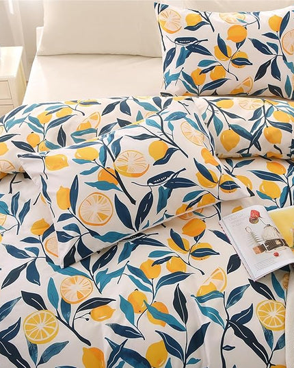 MUXHOMO Lemon Blossom Full Comforter Set, Elegant Floral Print Bed in a Bag 7 Pieces, Ultra Soft & Breathable Reversible Botanical Pattern Bedding Set with Comforter, Sheets, Pillowcases, and Shams