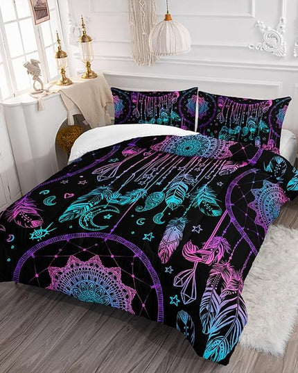 AILONEN Dreamcatcher Comforter Set Queen Size, Purple Feather Print Duvet Set,Bohemian Mandala Bedding Set for Boys Girls,Galaxy Dream Catcher Duvet Set 3 Pieces, 1 Quilt and 2 Pillowcases