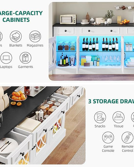 YITAHOME Sideboard Buffet Cabinet with Storage, 65" Buffet Table with 4 Glass Doors and 3 Drawers, Coffee Bar Cabinet with Adjustable Shelves for Kitchen, Living Room, White