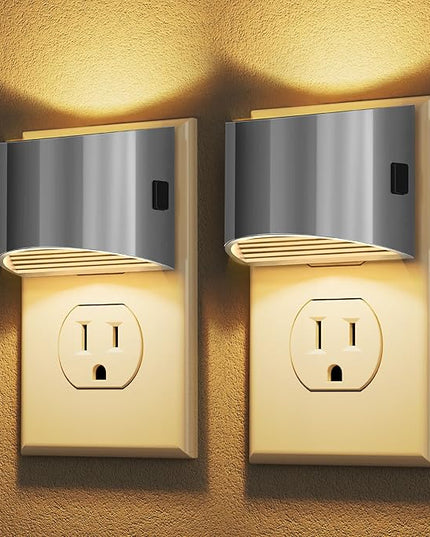 DORESshop LED Night Light[2 Pack], Night Lights Plug into Wall, 3 Level Brightness Adjustable Plug in Night Light, Dusk to Dawn Sensor Nightlights for Adults,Bedroom,Hallway,3000K -Chrome Cover