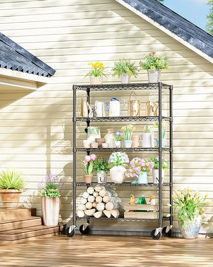 IZEUK 5-Tier Storage Shelving Unit with Wheels, Adjustable Heavy Duty Steel Wire Rack Organizer (Black, 17.7" D x 47.2" W x 76.7" H, 1750 lbs Capacity) for Garage, Kitchen, Office, Laundry, Basement