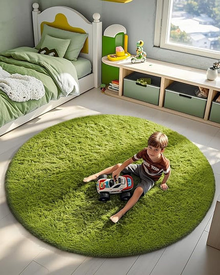 Ophanie Round Rug 6Ft Green Circle Area Rug, Green Room Decor, Fluffy Fuzzy Bedroom Carpet, Plush Soft Shaggy Living Room Rugs for Kids Home Decor Aesthetic, Nursery