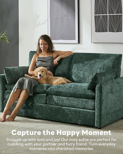 Tbfit Modern Loveseat Couch, 68" Cloud Sofa Spring Seat Cushion, Comfy 2-Seater Love Seat with Pillows, Chenille Removable Cover, Soft Upholstered Living Room Furniture Home Apartment, Green