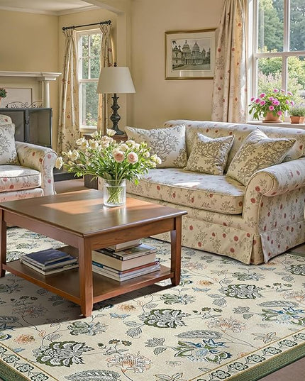 jinchan Elora 8x10 Floral Rug for Living Room Washable Bedroom Rug Vintage Romance Christmas Design Non Slip Thin Indoor Floor Cover Large Low-Profile Throw Carpet for Dining Room Office, Green/Beige