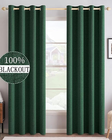 MIULEE Linen Curtains for Bedroom 100% Blackout Thermal Insulated Emerald Green Grommet Room Darkening Curtains & Drapes Christmas Decor for Living Room Nursery 52 x 90 Inch (2 Panels)