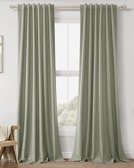 Sage Green Linen Blackout Curtains 42 Inch Wide by 90 Inch for Living Room Bedroom Back Tab Thermal Insulated 100% Black Out Linen Drapes Room Darkening Window Curtains White