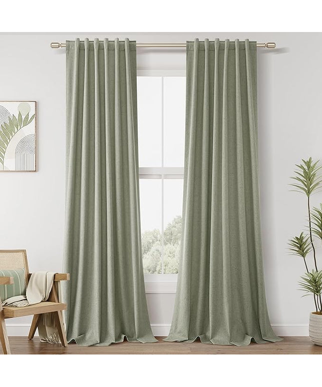 Sage Green Linen Blackout Curtains 42 Inch Wide by 90 Inch for Living Room Bedroom Back Tab Thermal Insulated 100% Black Out Linen Drapes Room Darkening Window Curtains White