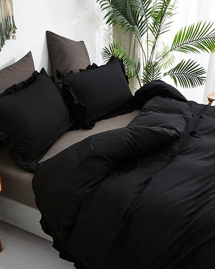 CLOTHKNOW Black Ruffles Twin/Twin XL Comforter Set 3Pcs Farmhouse Bedding Comforter Sets Shabby Chic Boho Comforter with 2 x Pillow Cases
