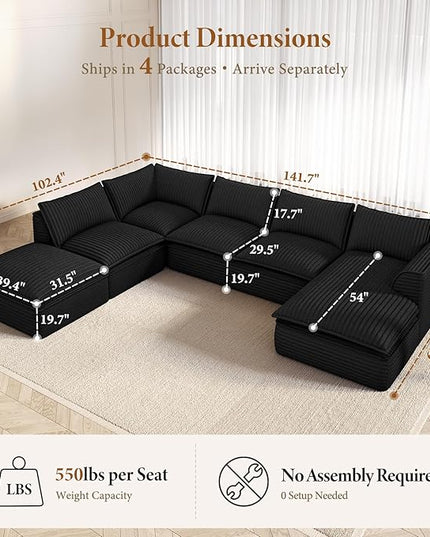 Vesgantti 141.7" Oversized Sectional Boneless Couch, Modern 7 Seater Modular Sofa with Chaise & Ottoman, Deep Seat Plush Corduroy Cloud Couches for Living Room, No Assembly Required, Black