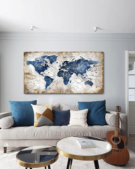 World Map Canvas Wall Art Abstract Navy World Maps for Wall Vintage Modern Wall Art for Office Framed Pictures for Living Room Bedroom Wall Decoration for Home Office Decor Artwork for Walls 20x40IN
