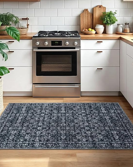 3x5 Entryway Area Rug Black Washable Soft Distressed Floral Rugs, Non-Slip Low-Pile Vintage Neutral Carpet for Entryway Nursery Bedroom Dining Dorm Living Room