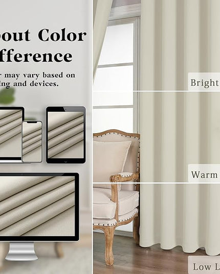 Simplebrand Natural Room Darkening Curtains for Bedroom Living Room 108 Inches Long 2 Panels Set, Thermal Insulated Curtains & Drapes, Solid Grommet Noise Reducing Window Treatment, W50 x L108 Inch