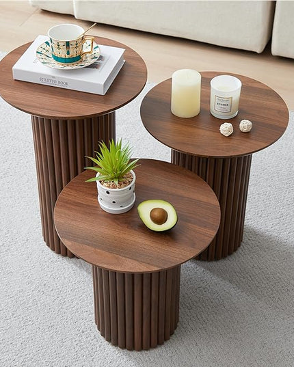 Round Nesting Coffee Table Set of 3,Mid Century Modern Fluted Coffee and End Table Set,Small Circle Wooden Side Table Drink Table for Living Room (Walnut)