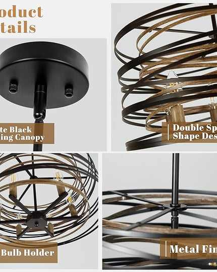 Farmhouse Chandeliers for Dining Room, 5-Light Spiral Drum Large Pendant Lights Rustic Black Chandelier 19.7" Wood Grain Dining Room Light Fixture Metal Chandelier for Foyer Entryway Kitchen Bedroom