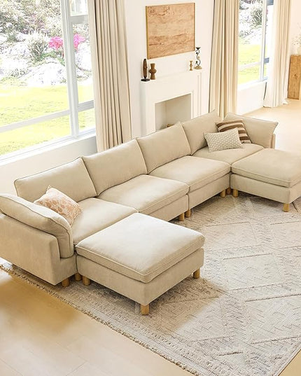 CHITA 161" Super Large Sectional Couches for Living Room, Modular Cloud Couch Sectional Sofa, Premium Fabric Couches, Down Filled, High Density Foam, Chenille in Beige, 6 Seat U Shaped
