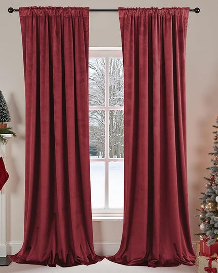 Burgundy Pleated Velvet Christmas Curtains 96 Inch Long for Ceiling Track System, Cortinas Navideñas Para Sala, Vintage Wine Maroon Red Floor Length Victorian Curtains for Living Room, 2 Panel Set