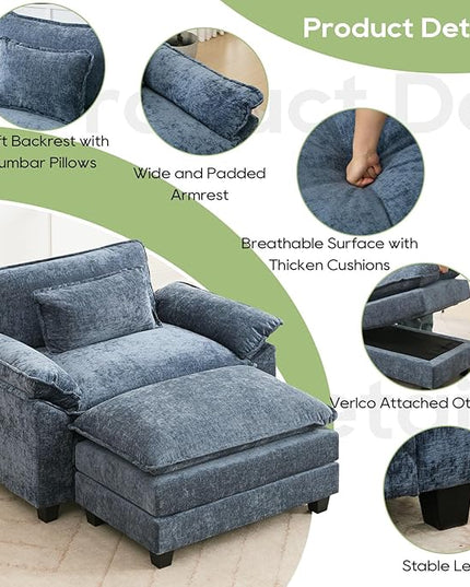 53" Modular Sectional Sofa, Comfy Cloud Couch Sectional Sofa with Ottoman, Chenille Sofa Sleeper Deep Seat Sofa with Throw Pillows for Living Room (Blue)